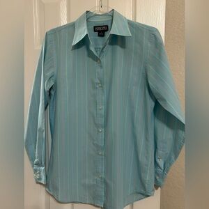 Lands' End Aqua button up shirt with orange & yellow Stripes
